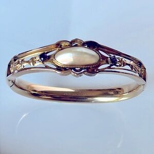 Antique Edwardian Gold Tone Glass Purple Pearl Stone Bangle Bracelet  S.O.B & CO